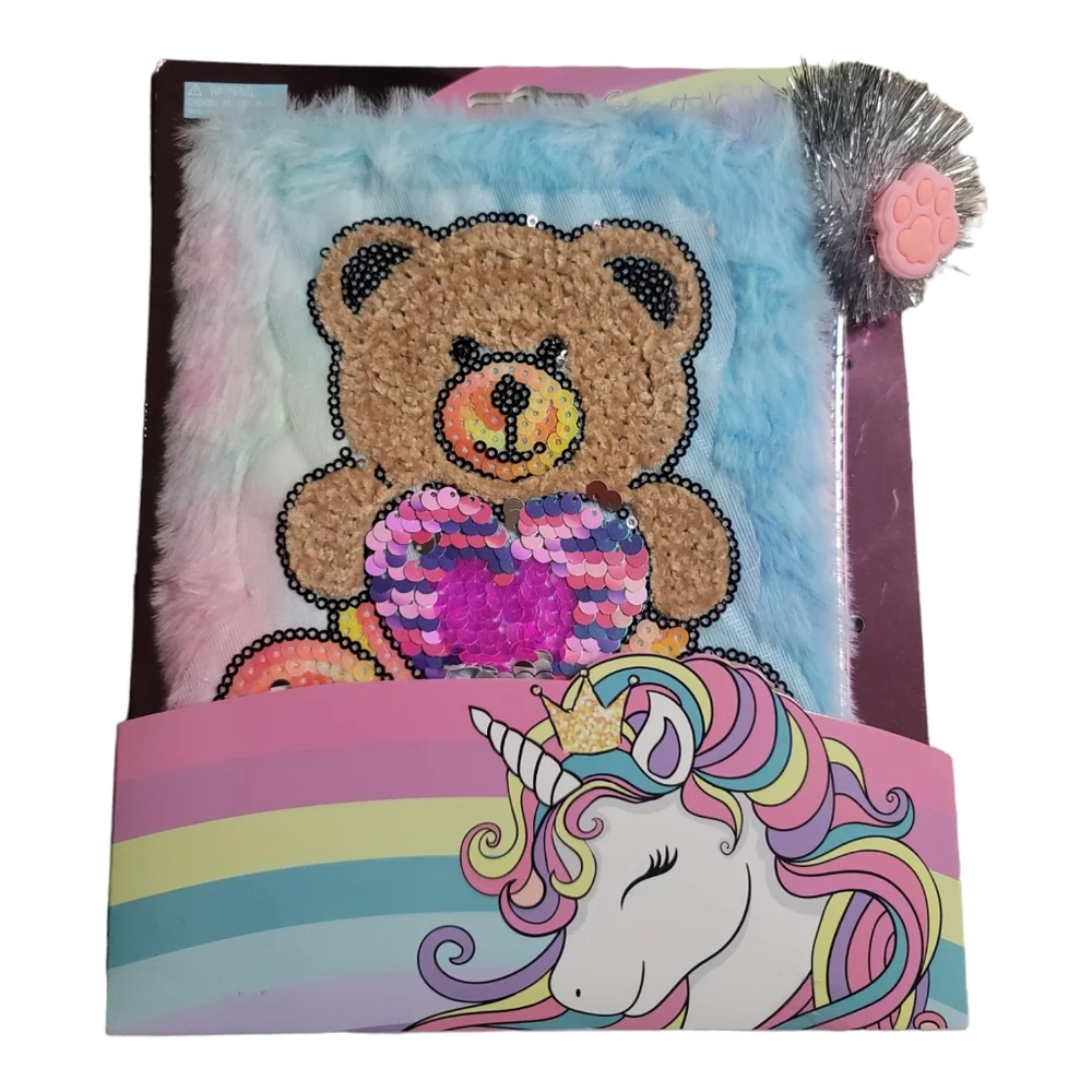 Teddy Bear Heart Secret Fuzzy Diary Journal Embelished Sequins Writing Book Pen